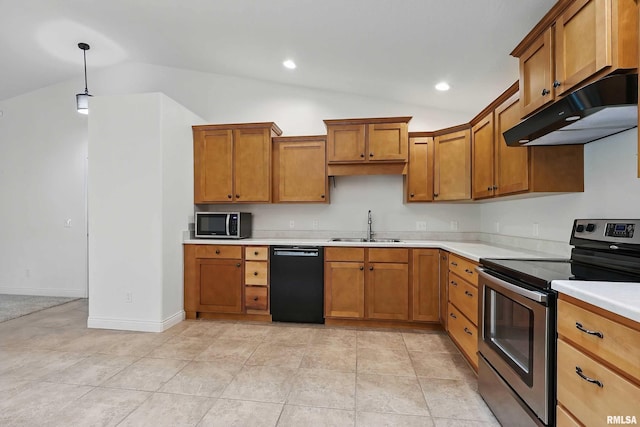 kitchen featuring stainless steel appliances, under cabinet range hood, vaulted ceiling, a sink, and brown cabinets