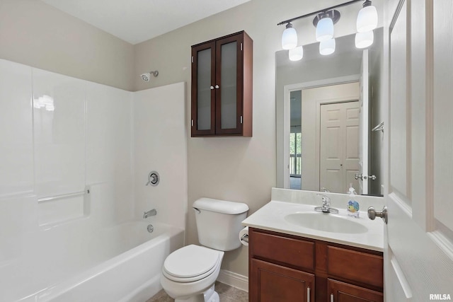 full bath with toilet, vanity, shower / tub combination, and baseboards