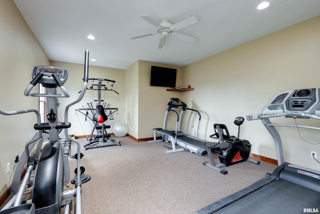 exercise area with a ceiling fan, baseboards, recessed lighting, and carpet flooring