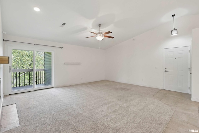 spare room with a ceiling fan, baseboards, recessed lighting, light tile patterned flooring, and light carpet