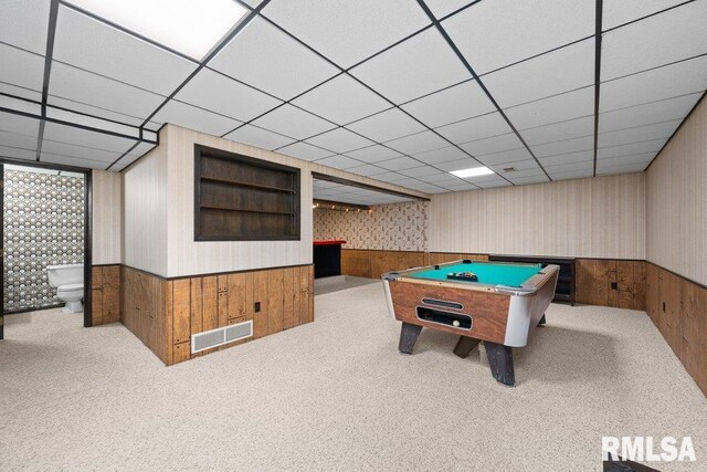 recreation room featuring wallpapered walls, wainscoting, billiards table, a paneled ceiling, and wood walls