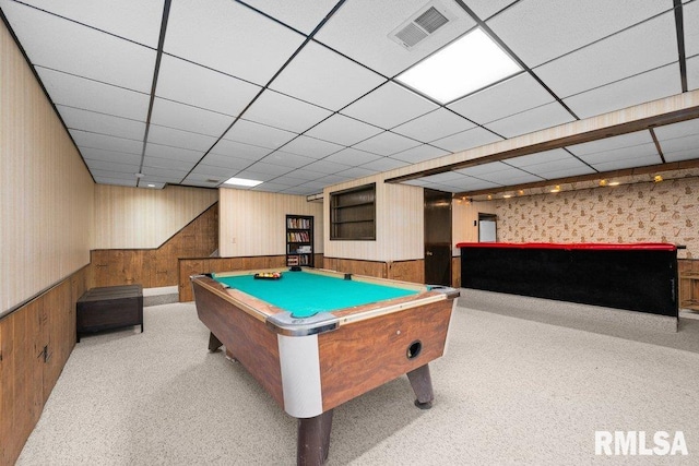 rec room with wallpapered walls, carpet floors, wooden walls, billiards, and a wainscoted wall