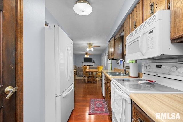 kitchen featuring white appliances, a sink, ceiling fan, dark wood finished floors, and light countertops