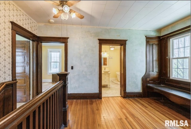 hall featuring hardwood / wood-style flooring, crown molding, and wallpapered walls