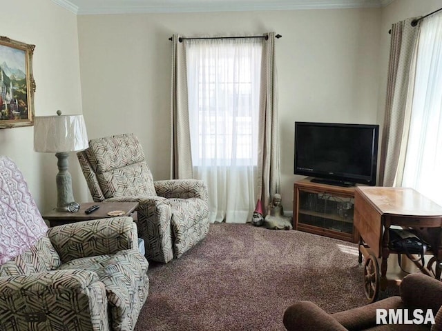 carpeted living room featuring crown molding