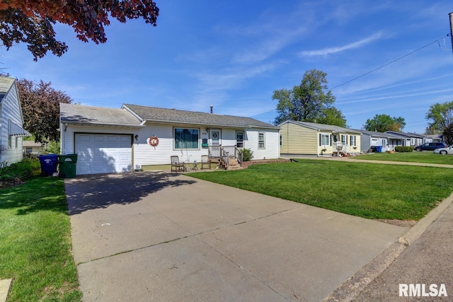ranch-style home with a garage, concrete driveway, and a front lawn
