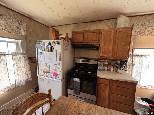 451 S Grove St, Kewanee, IL 61443 - kitchen featuring stainless steel range with gas cooktop, freestanding refrigerator, under cabinet range hood, light countertops, and brown cabinetry