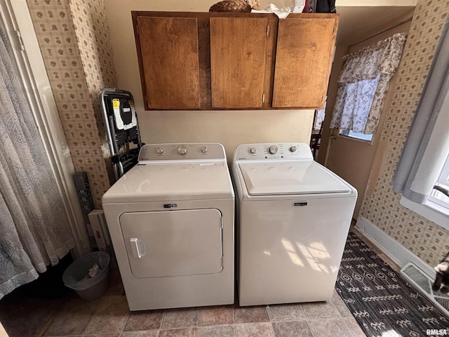 451 S Grove St, Kewanee, IL 61443 - clothes washing area with washer and dryer, cabinet space, and wallpapered walls