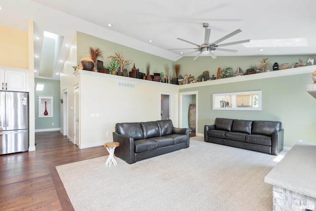 24711 178th St, Pleasant Valley, IA 52767 - living room with high vaulted ceiling, a ceiling fan, dark wood-type flooring, baseboards, and recessed lighting
