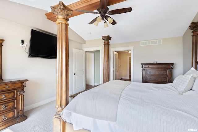 24711 178th St, Pleasant Valley, IA 52767 - bedroom with carpet floors, lofted ceiling, baseboards, connected bathroom, and ceiling fan