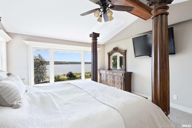 24711 178th St, Pleasant Valley, IA 52767 - carpeted bedroom featuring lofted ceiling, a ceiling fan, decorative columns, and baseboards