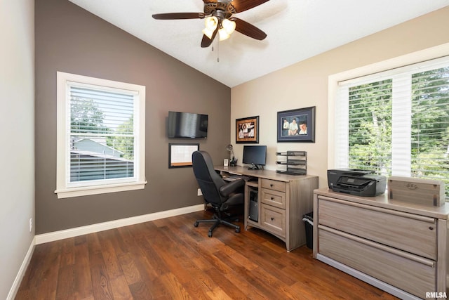 24711 178th St, Pleasant Valley, IA 52767 - office with vaulted ceiling, dark wood-type flooring, baseboards, and ceiling fan