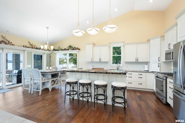 24711 178th St, Pleasant Valley, IA 52767 - kitchen featuring stainless steel appliances, plenty of natural light, a breakfast bar, white cabinets, and high vaulted ceiling
