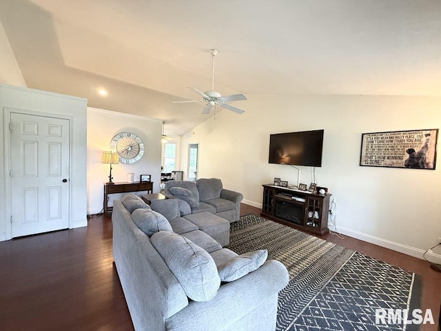 2939 Delora Ln, Herrin, IL 62948 - living room featuring baseboards, dark wood-style floors, ceiling fan, and vaulted ceiling