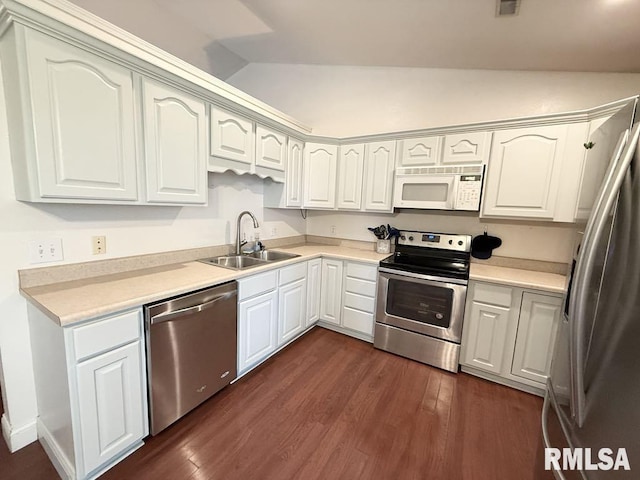 2939 Delora Ln, Herrin, IL 62948 - kitchen featuring a sink, appliances with stainless steel finishes, lofted ceiling, dark wood-type flooring, and light countertops