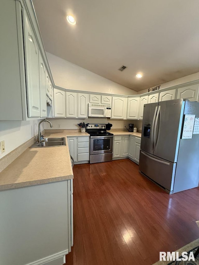 2939 Delora Ln, Herrin, IL 62948 - kitchen featuring stainless steel appliances, a sink, light countertops, vaulted ceiling, and dark wood-style floors