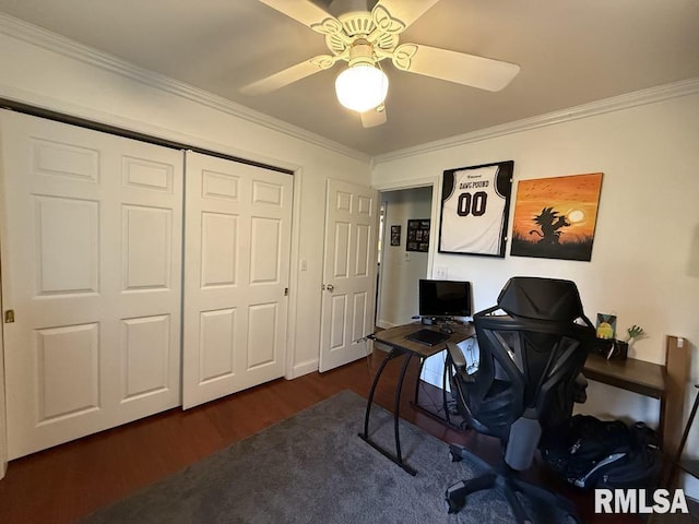 2939 Delora Ln, Herrin, IL 62948 - office featuring dark wood-style floors, ornamental molding, ceiling fan, and baseboards