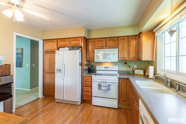2885 Willow Dr, Bettendorf, IA 52722 - kitchen with white appliances, a sink, brown cabinets, light wood-style floors, and a textured ceiling