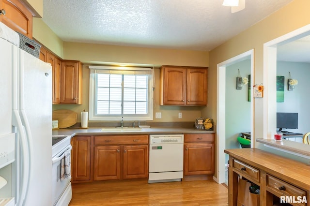 2885 Willow Dr, Bettendorf, IA 52722 - kitchen featuring white appliances, a sink, brown cabinets, light wood-style floors, and a textured ceiling