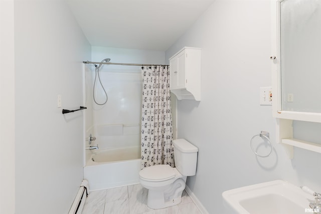 602 Barr St, Carterville, IL 62918 - full bathroom featuring a baseboard radiator, toilet, a sink, baseboards, and shower / tub combo
