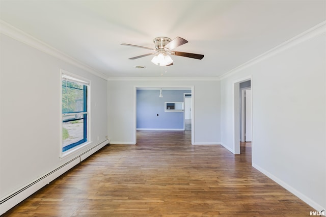 602 Barr St, Carterville, IL 62918 - unfurnished room featuring a baseboard heating unit, ornamental molding, a ceiling fan, wood finished floors, and baseboards