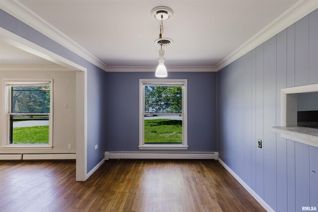 602 Barr St, Carterville, IL 62918 - unfurnished dining area with baseboard heating, dark wood-type flooring, plenty of natural light, baseboards, and crown molding