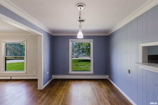 602 Barr St, Carterville, IL 62918 - unfurnished room featuring a baseboard heating unit, dark wood-type flooring, plenty of natural light, and crown molding