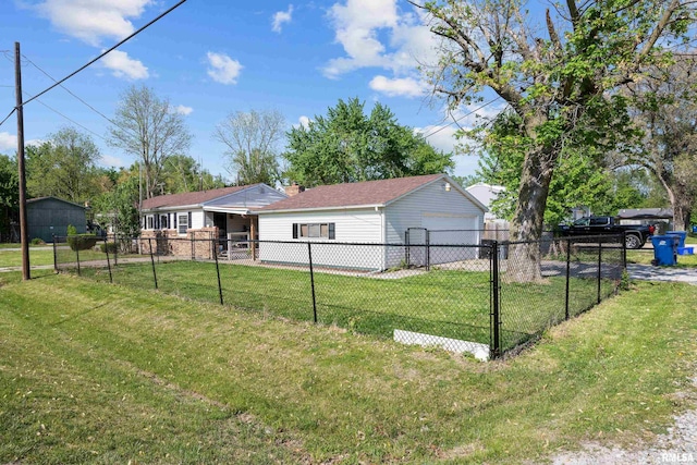 view of home's exterior with a garage, a chimney, and a shingled roof