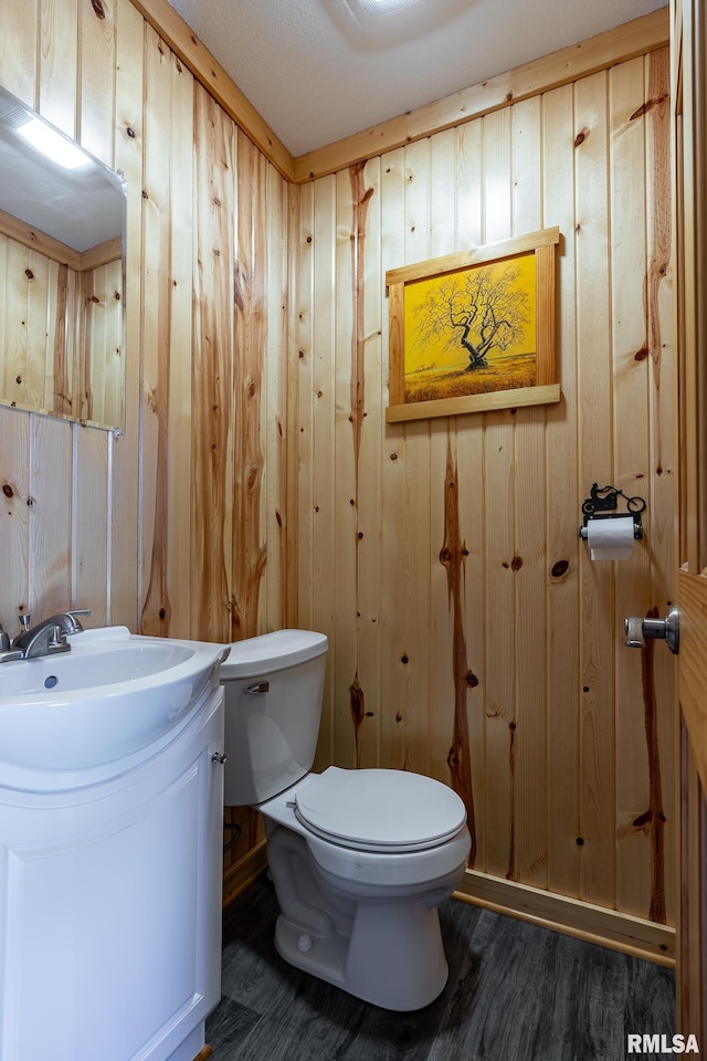 1012 Viaduct Rd, Savanna, IL 61074 - bathroom featuring toilet, wood finished floors, wooden walls, and vanity