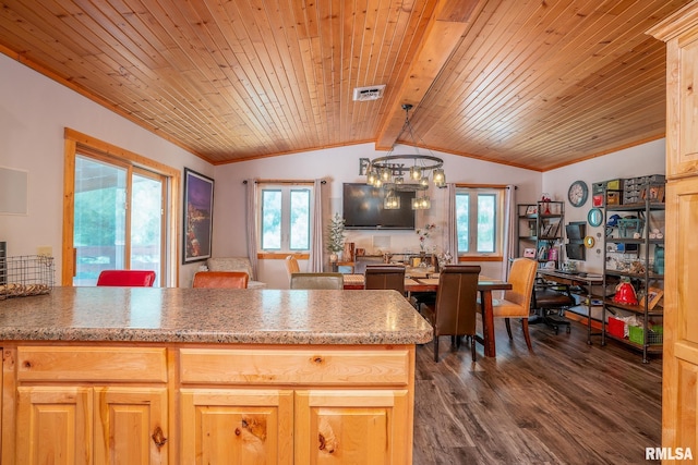 1012 Viaduct Rd, Savanna, IL 61074 - kitchen with ornamental molding, plenty of natural light, dark wood finished floors, wooden ceiling, and a chandelier