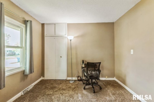 living area with carpet floors, a textured ceiling, and baseboards