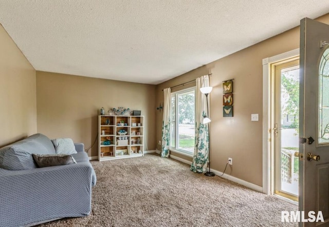 sitting room with baseboards, carpet floors, and a textured ceiling