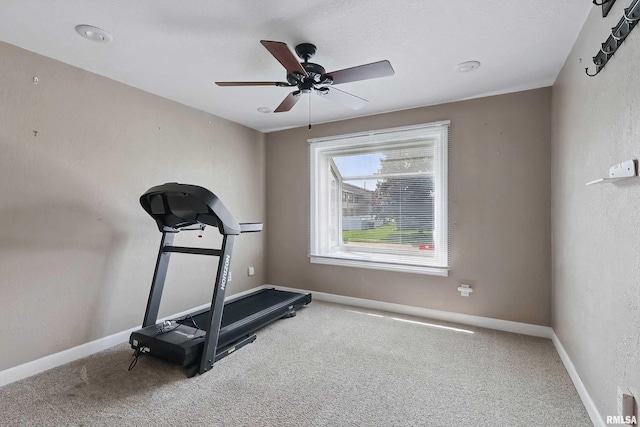 exercise room with carpet flooring, baseboards, and a ceiling fan