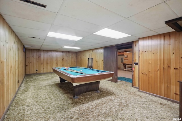 3816 Woodland Ct, Davenport, IA 52807 - game room with wooden walls, carpet, billiards, and a paneled ceiling