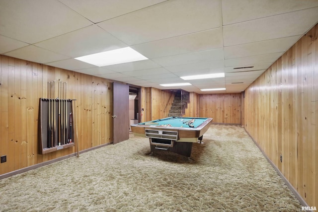 3816 Woodland Ct, Davenport, IA 52807 - playroom with billiards, wood walls, carpet floors, and a drop ceiling