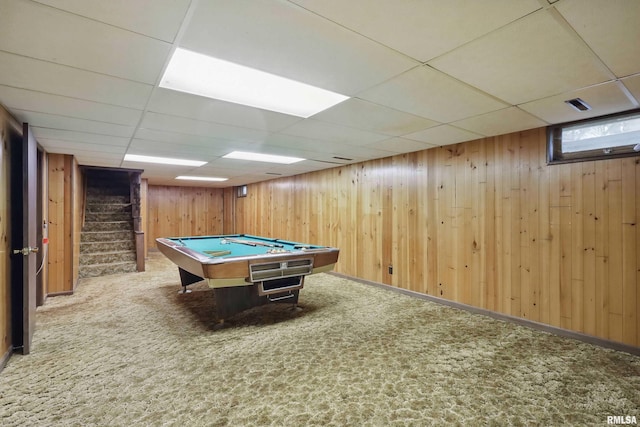 3816 Woodland Ct, Davenport, IA 52807 - playroom with a drop ceiling, billiards table, wooden walls, and carpet