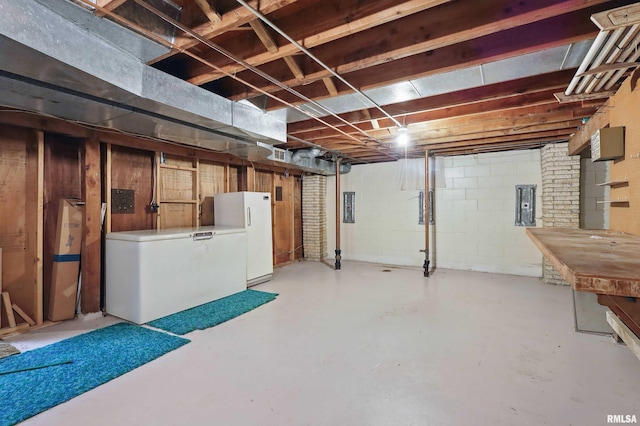 3816 Woodland Ct, Davenport, IA 52807 - unfinished basement with freestanding refrigerator, fridge, electric panel, and concrete block wall