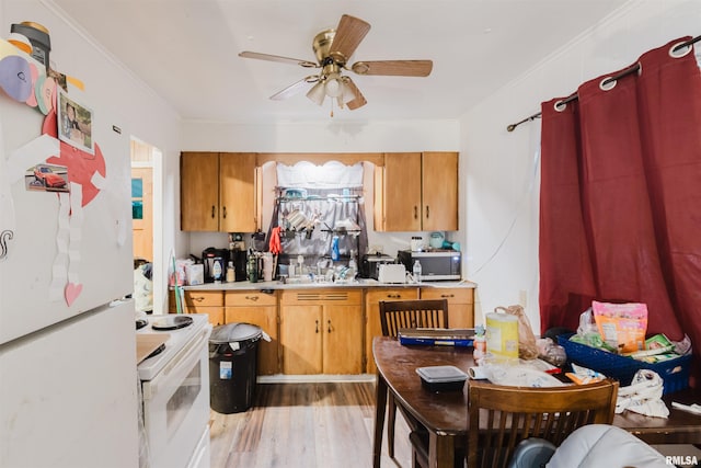 kitchen featuring white appliances, light wood finished floors, crown molding, light countertops, and a ceiling fan