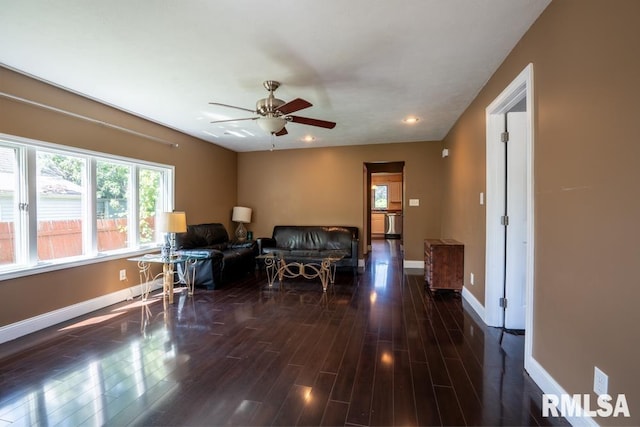 613 N 29th St, Herrin, IL 62948 - living area featuring baseboards, dark wood-style floors, ceiling fan, and recessed lighting