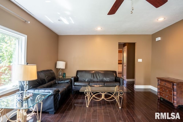 613 N 29th St, Herrin, IL 62948 - living room featuring a ceiling fan, baseboards, recessed lighting, and wood finished floors