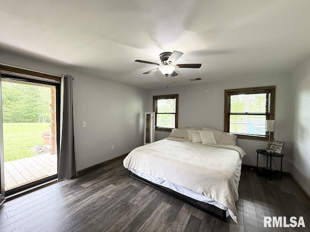 285 Twin Lake, Springs Lake, Anna, IL 62906 - bedroom featuring access to exterior, dark wood-style flooring, ceiling fan, and baseboards