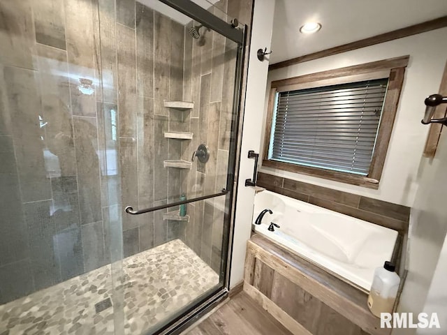 285 Twin Lake, Springs Lake, Anna, IL 62906 - full bath with a bath, a shower stall, wood finished floors, and recessed lighting