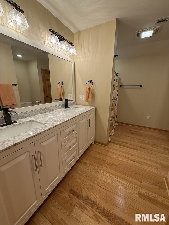 285 Twin Lake, Springs Lake, Anna, IL 62906 - full bathroom with wood finished floors, double vanity, baseboards, and a shower with curtain