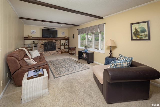 2828 Jersey Ridge Rd, Davenport, IA 52803 - living area with baseboards, ornamental molding, a brick fireplace, carpet flooring, and beamed ceiling