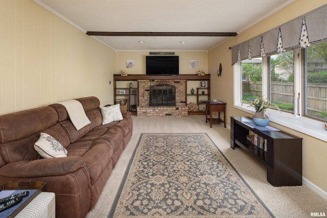 2828 Jersey Ridge Rd, Davenport, IA 52803 - living room with crown molding, light carpet, a brick fireplace, and baseboards