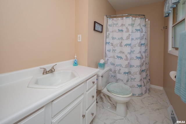 2828 Jersey Ridge Rd, Davenport, IA 52803 - full bathroom with marble finish flooring, toilet, vanity, and a shower with shower curtain