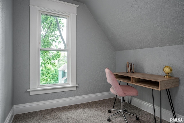 534 Lincoln Ct, Davenport, IA 52804 - carpeted home office featuring vaulted ceiling, baseboards, and a textured ceiling