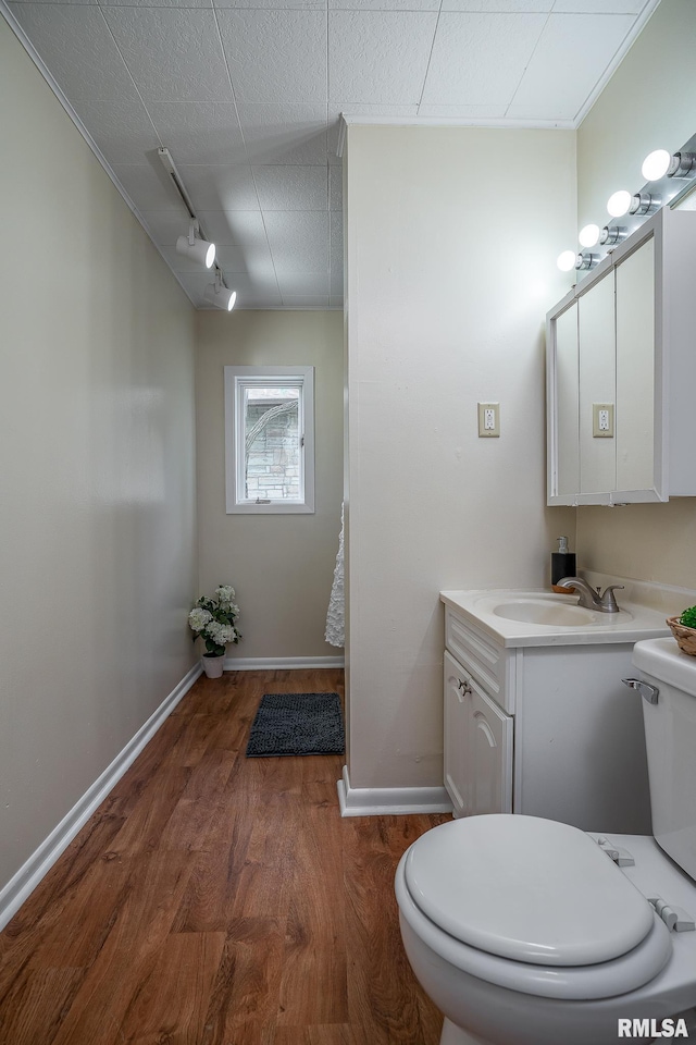 534 Lincoln Ct, Davenport, IA 52804 - bathroom featuring wood finished floors, toilet, vanity, rail lighting, and baseboards