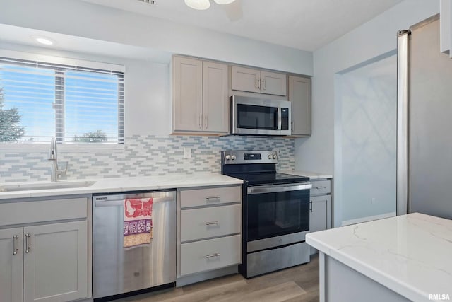kitchen with appliances with stainless steel finishes, a sink, gray cabinets, light wood finished floors, and tasteful backsplash