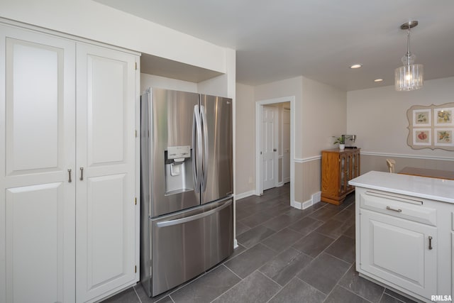 1220 38th Avenue Ct, Rock Island, IL 61201 - kitchen featuring stainless steel fridge, white cabinetry, light countertops, hanging light fixtures, and recessed lighting